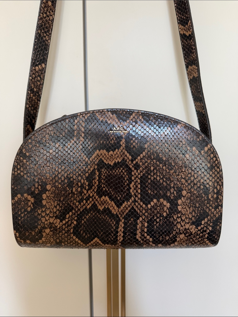 A.P.C. Python-Print Dome Crossbody Bag in Brown and Black